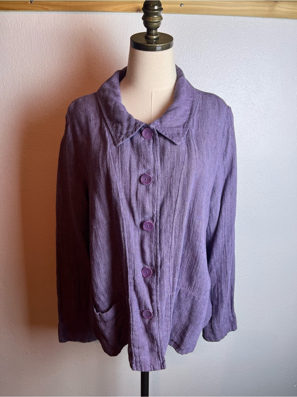FLAX Purple Button-Front Women's Top Jacket Shirt 100% Linen